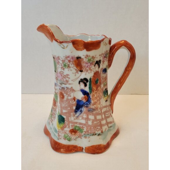Antique Nippon Hand-Painted Porcelain Pitcher With Geisha & Floral Design 6" - Picture 3 of 9